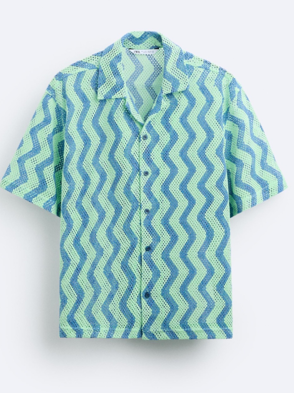 Zara Men’s Short-Sleeve Zigzag Button-Down Shirt - Light Green & Blue